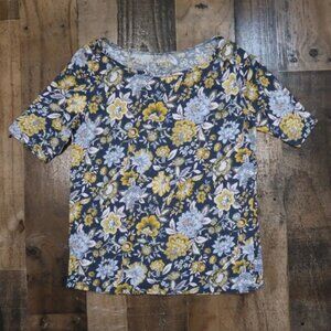 LOFT Outlet Womans Small Half Sleeve Blue & Yellow Floral Tee Shirt Top